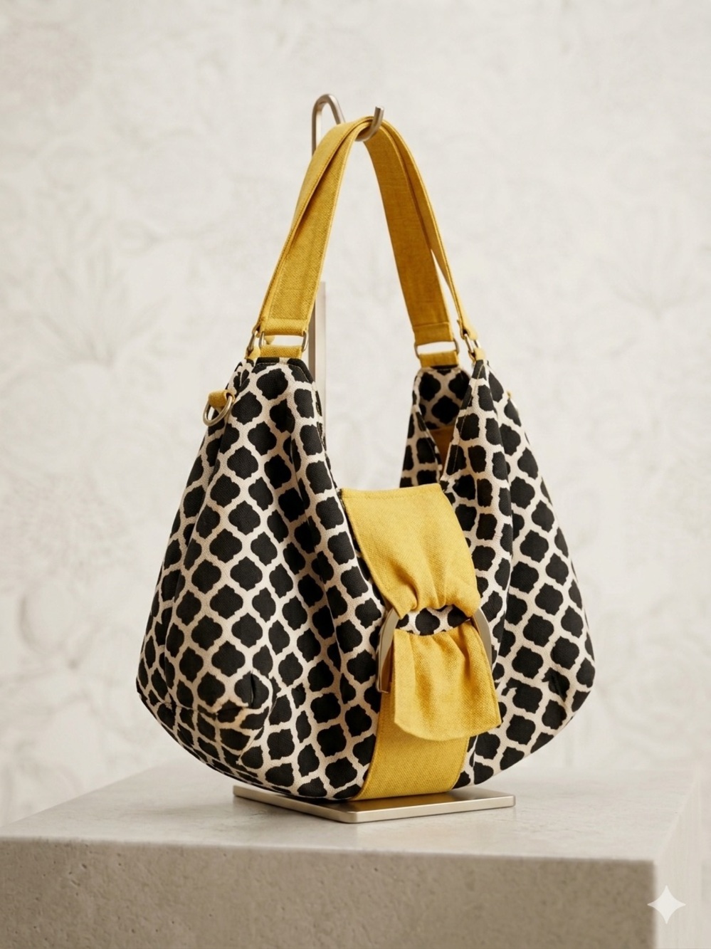 1154 Lill Studio Geometric Canvas Hobo Shoulder Bag with Yellow Bow Accent $175